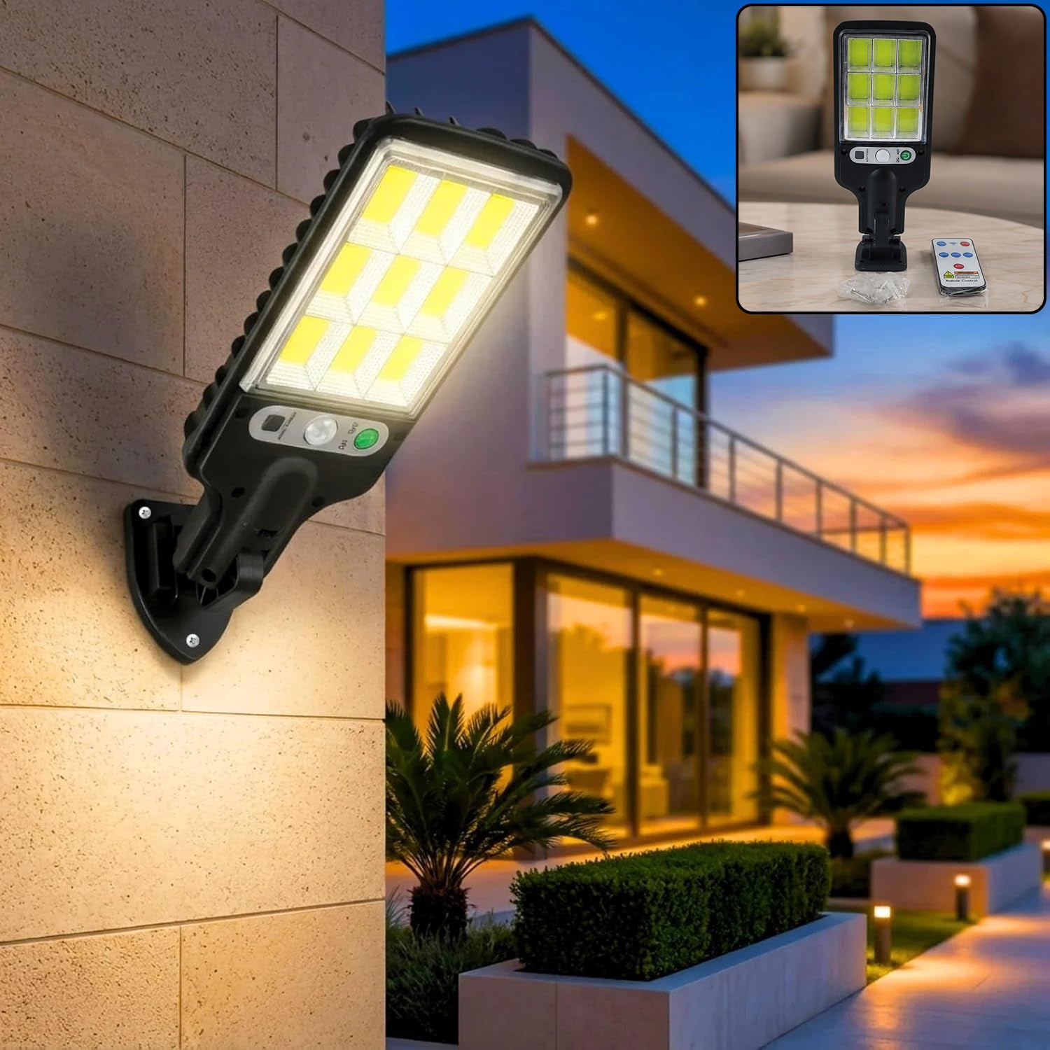 A black solar LED street light with a motion sensor is mounted on a light-colored brick wall, illuminating a house