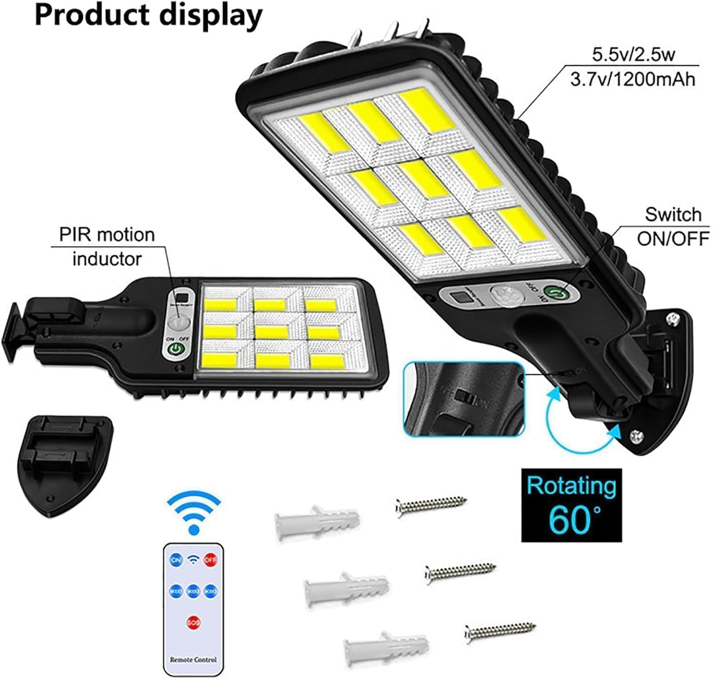 Diagram showing the black solar LED street light with its components, including the PIR motion inductor, on/off switch, and