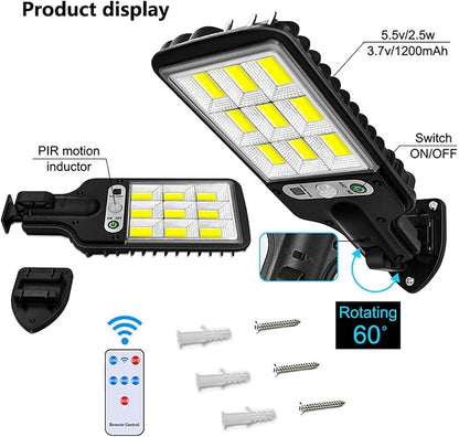 Diagram showing the black solar LED street light with its components, including the PIR motion inductor, on/off switch, and