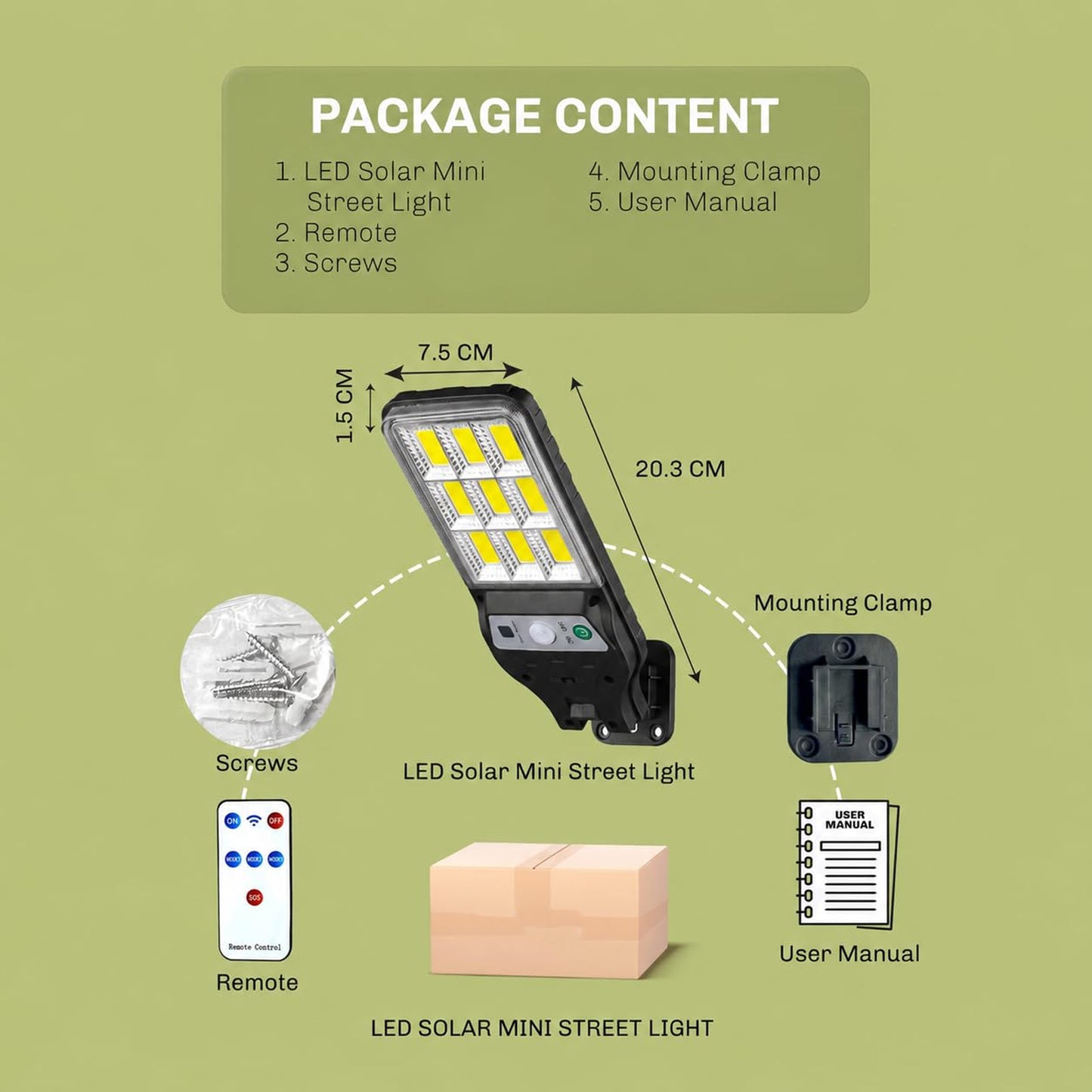 An infographic detailing the package contents: LED solar mini street light, remote, screws, mounting clamp, and user manual,