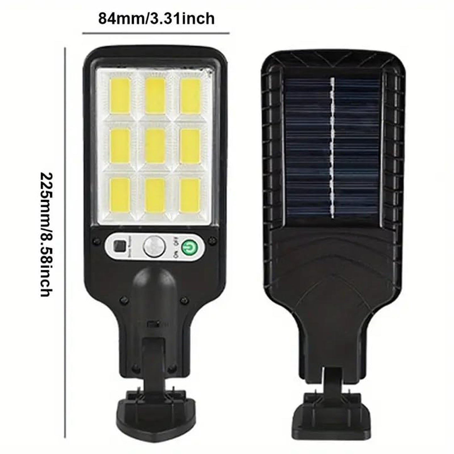 Front and back views of the black solar LED street light with dimensions, showing the LED panel and the solar panel.