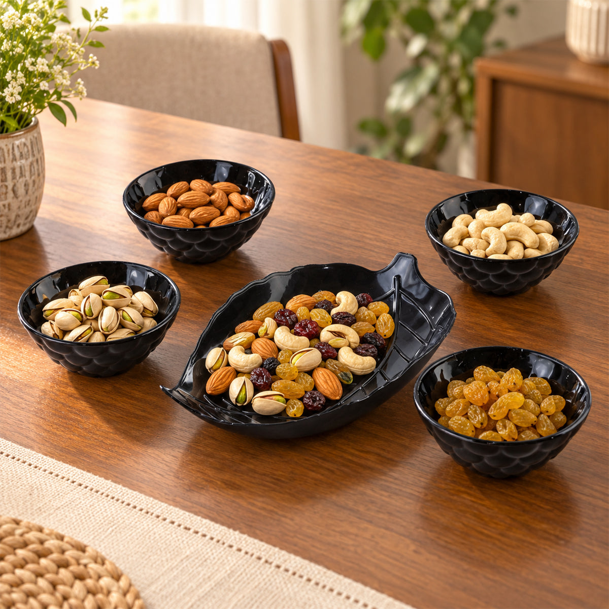 Serving Bowl Set with Leaf Shaped Platter for Snacks and Dry Fruits (5 Pc Set)