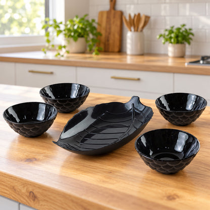 Serving Bowl Set with Leaf Shaped Platter for Snacks and Dry Fruits (5 Pc Set)