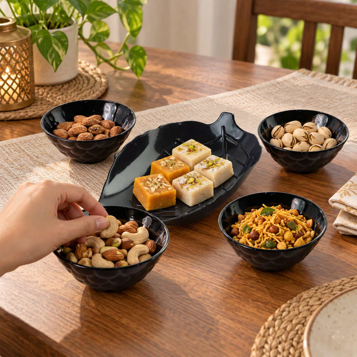 Serving Bowl Set with Leaf Shaped Platter for Snacks and Dry Fruits (5 Pc Set)