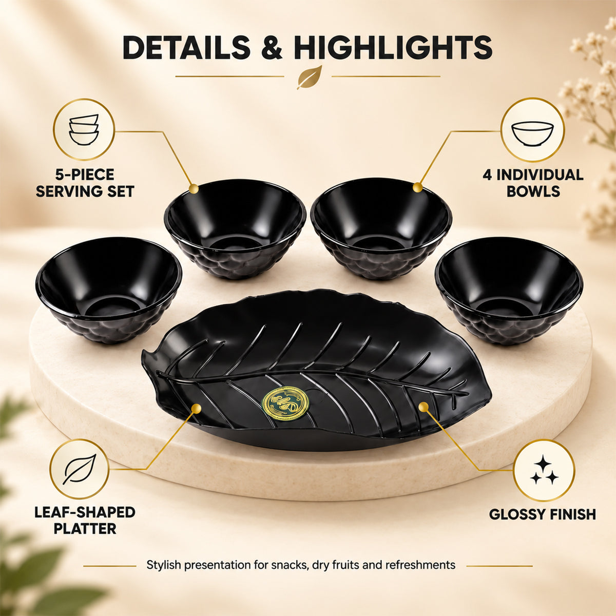 Serving Bowl Set with Leaf Shaped Platter for Snacks and Dry Fruits (5 Pc Set)