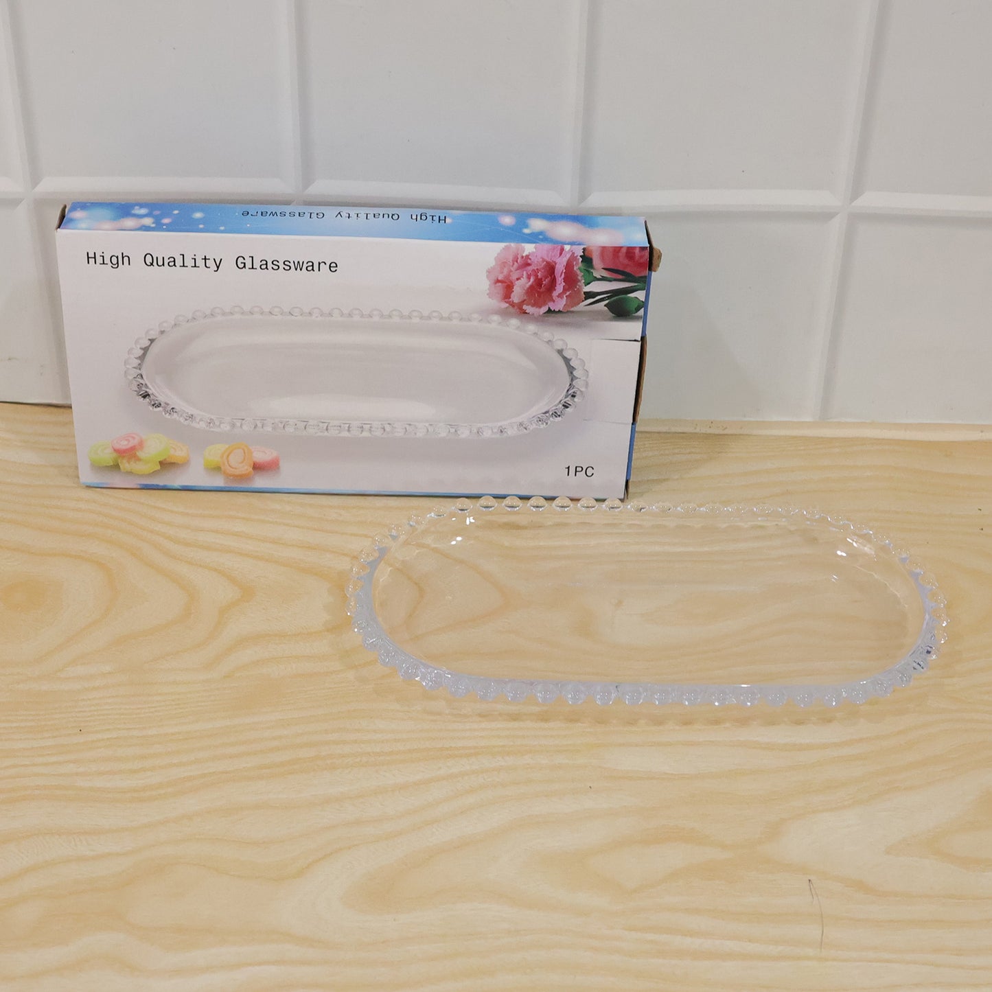 Transparent Glass Serving Tray 9 Inch Oval Beaded Edge Platter for Snacks (1 Pc)