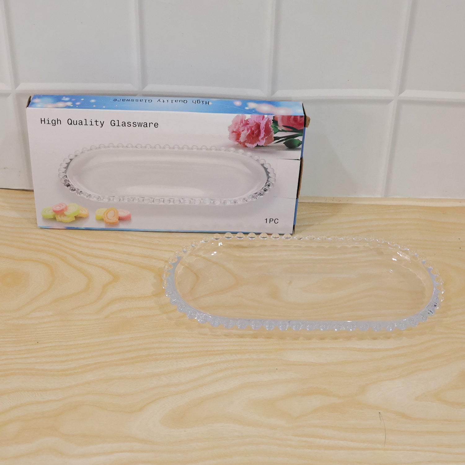 Transparent Glass Serving Tray 9 Inch Oval Beaded Edge Platter for Snacks (1 Pc)