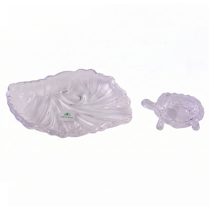 Crystal Glass Turtle with Plate Tray Set for Vastu and Home Decor (2 Pc Set)