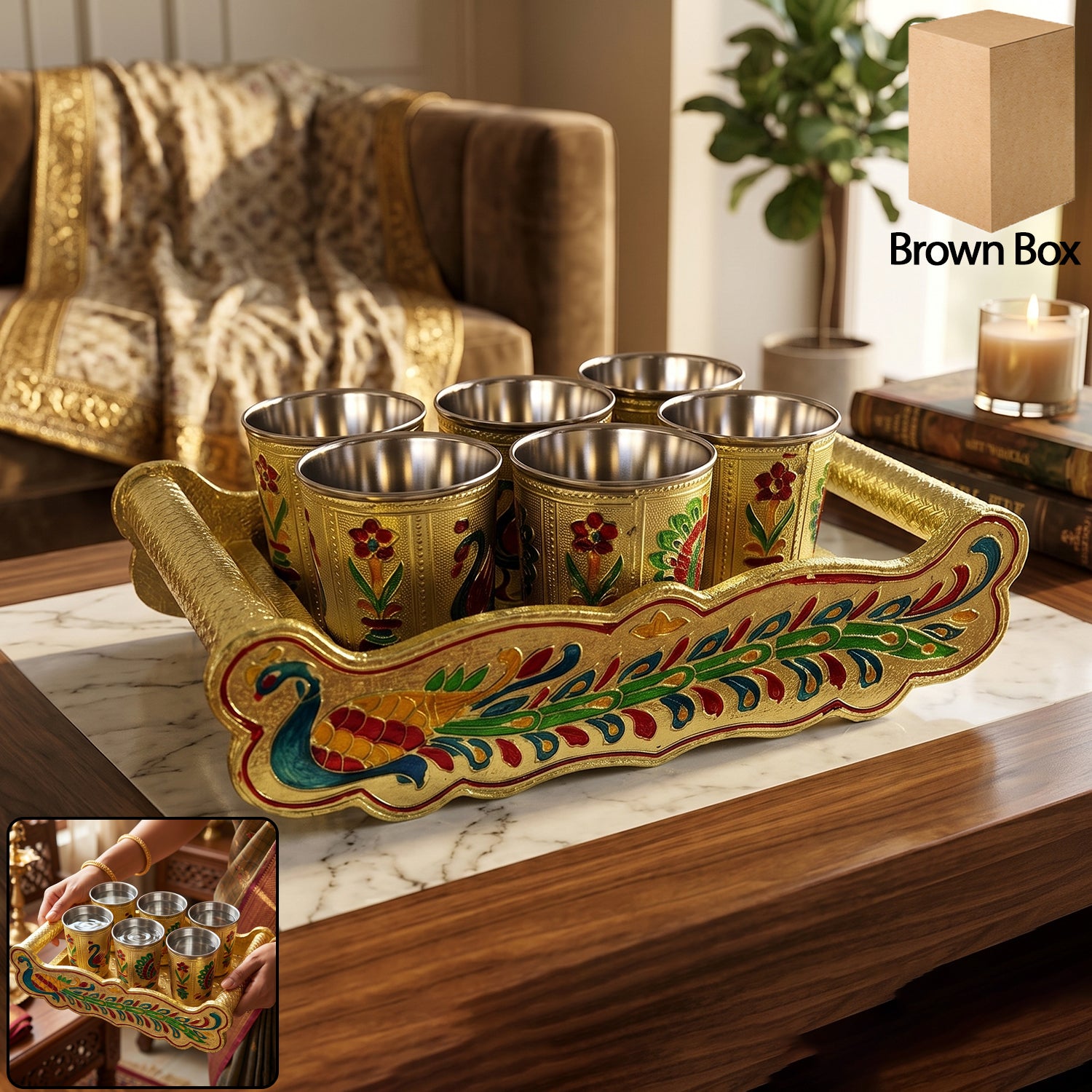 Serving tray with handle and matching glasses
