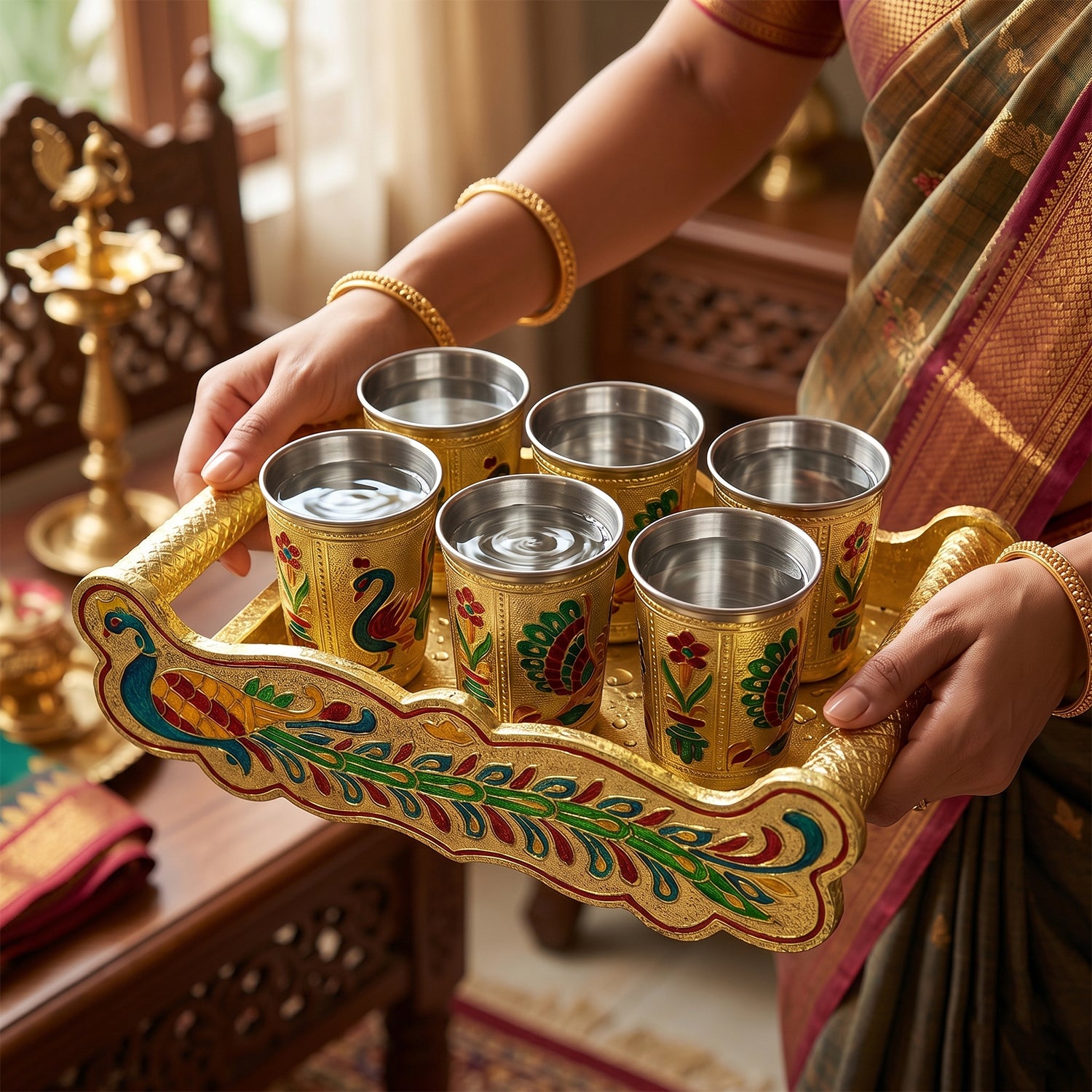 Handcrafted glass set on decorative tray