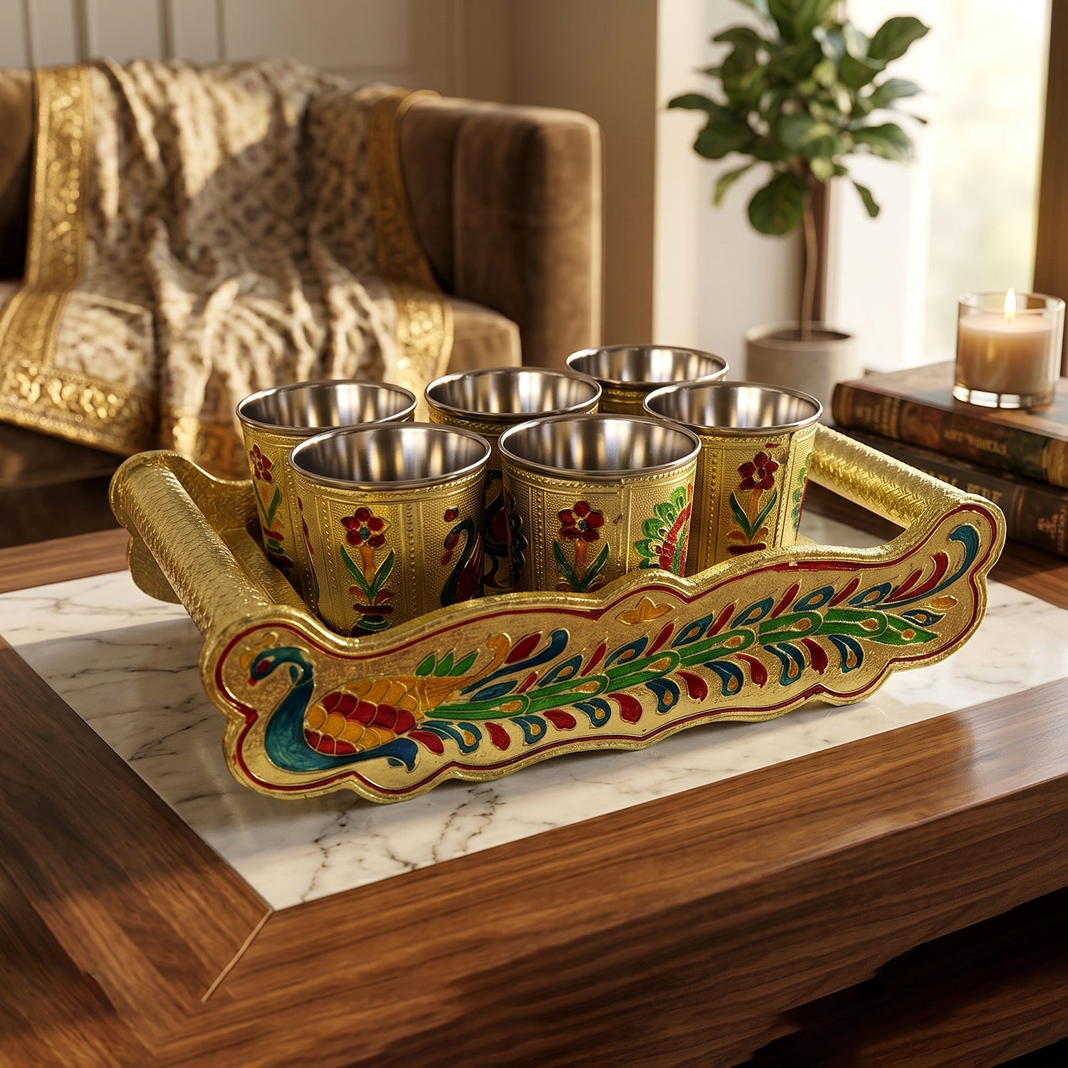 Elegant serving tray with glasses set