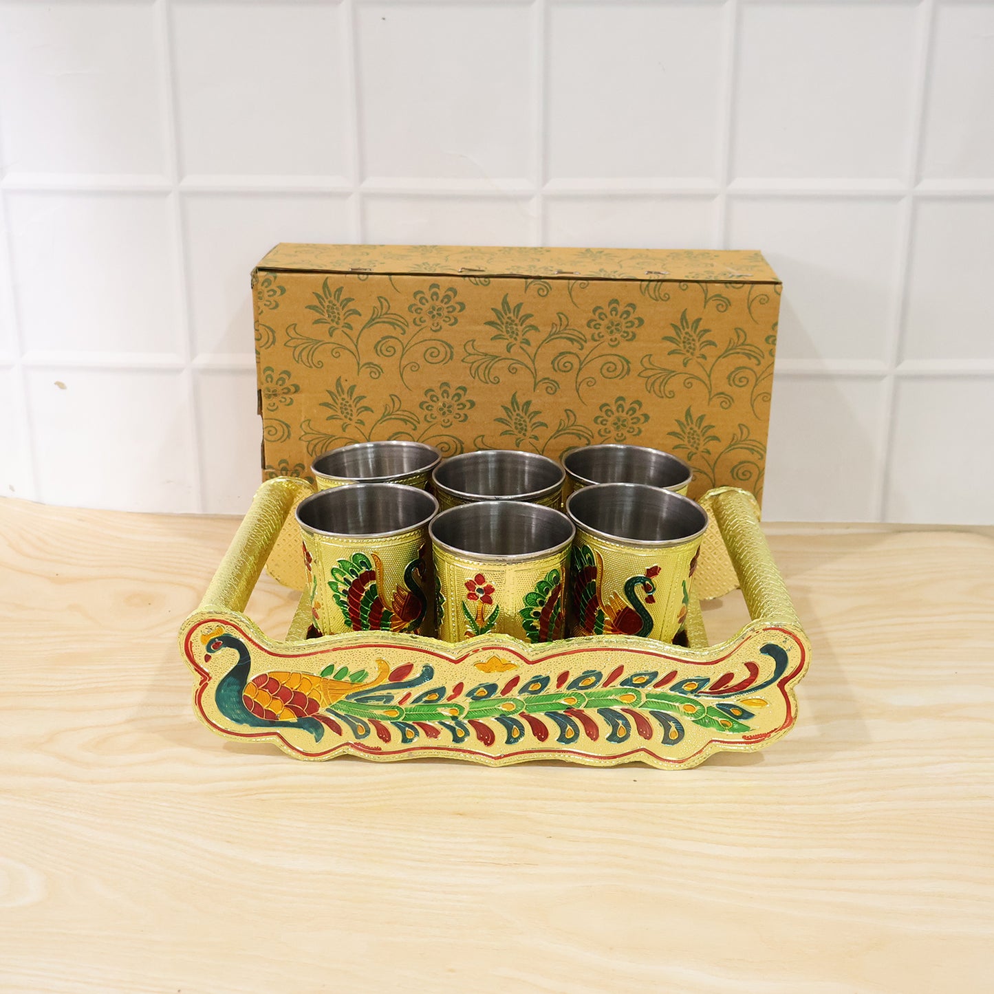 Peacock Minakari Glass & Handicraft Serving Tray Set - 6pcs