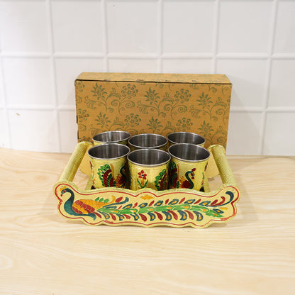 Peacock Minakari Glass & Handicraft Serving Tray Set - 6pcs