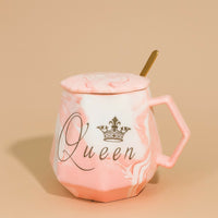 Queen Marble Ceramic Mug with Lid & Spoon | Premium Designer Coffee & Tea Cup for Women | Luxury Crown Print Gift Mug | Heat-Retaining Lid | Elegant Geometric Shape | Perfect Gift for Wife, Girlfriend, Sister & Mom (Queen Edition)