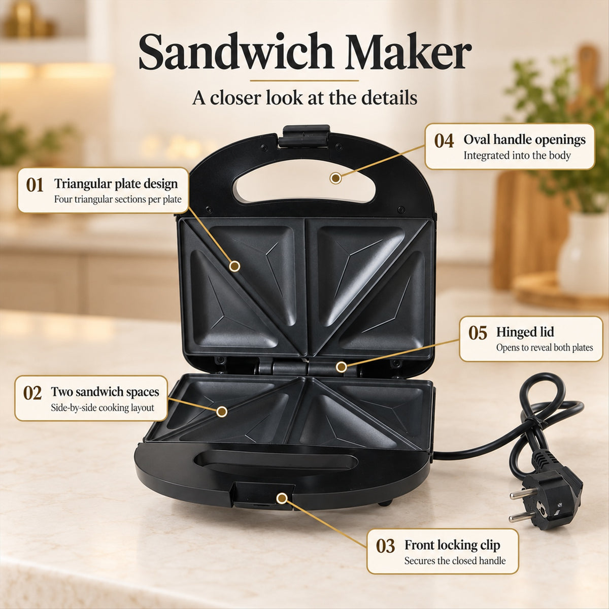 Electric Sandwich Toaster for Kitchen, Non-Stick Grill Sandwich Maker (1 Pc)