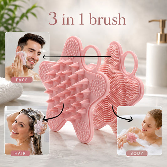 3 In 1 Silicone Shampoo Scalp Massager Brush Face Hair Body Cleanser (1 Pc)
