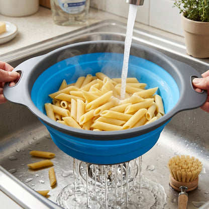 Multi-use collapsible silicone strainer for washing and draining in small kitchens.