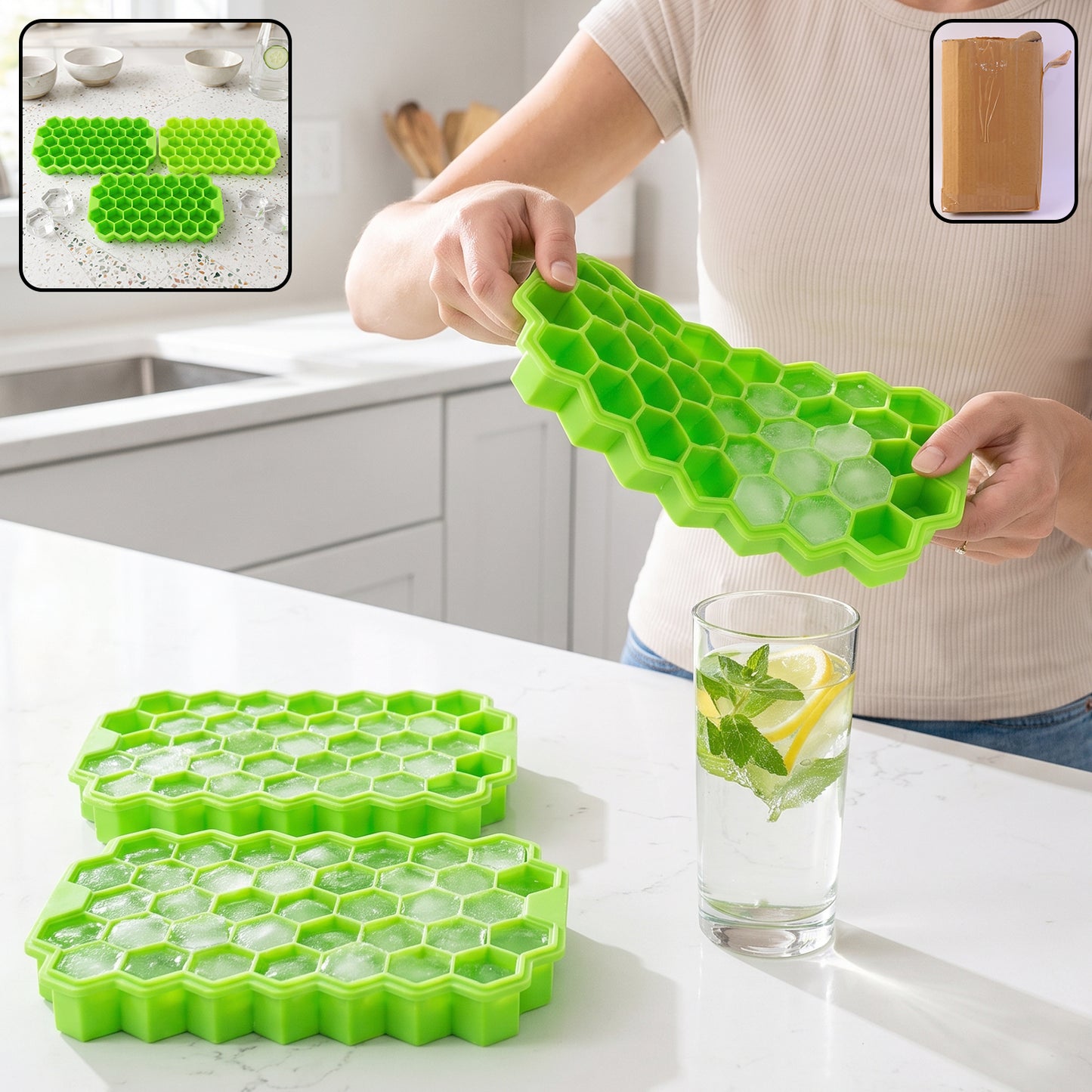 Silicone Honeycomb Ice Cube Tray 37 Cavity Flexible Mould for Freezer (3 Pc Set) product image