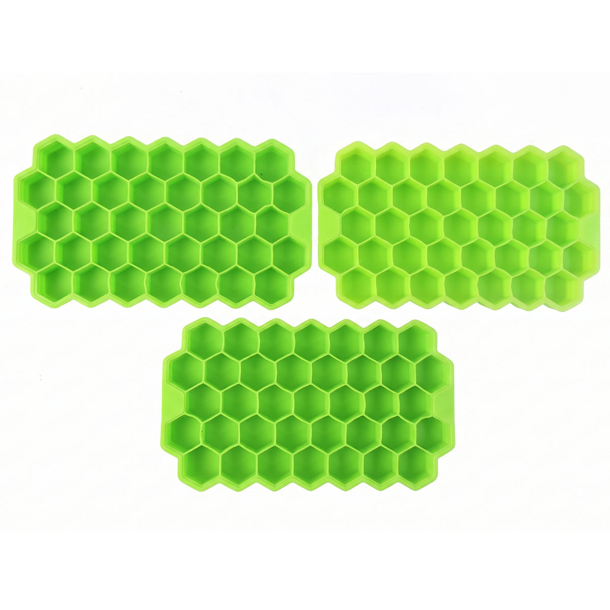 Three identical bright green silicone ice cube trays, each with a honeycomb pattern, are arranged on a plain white