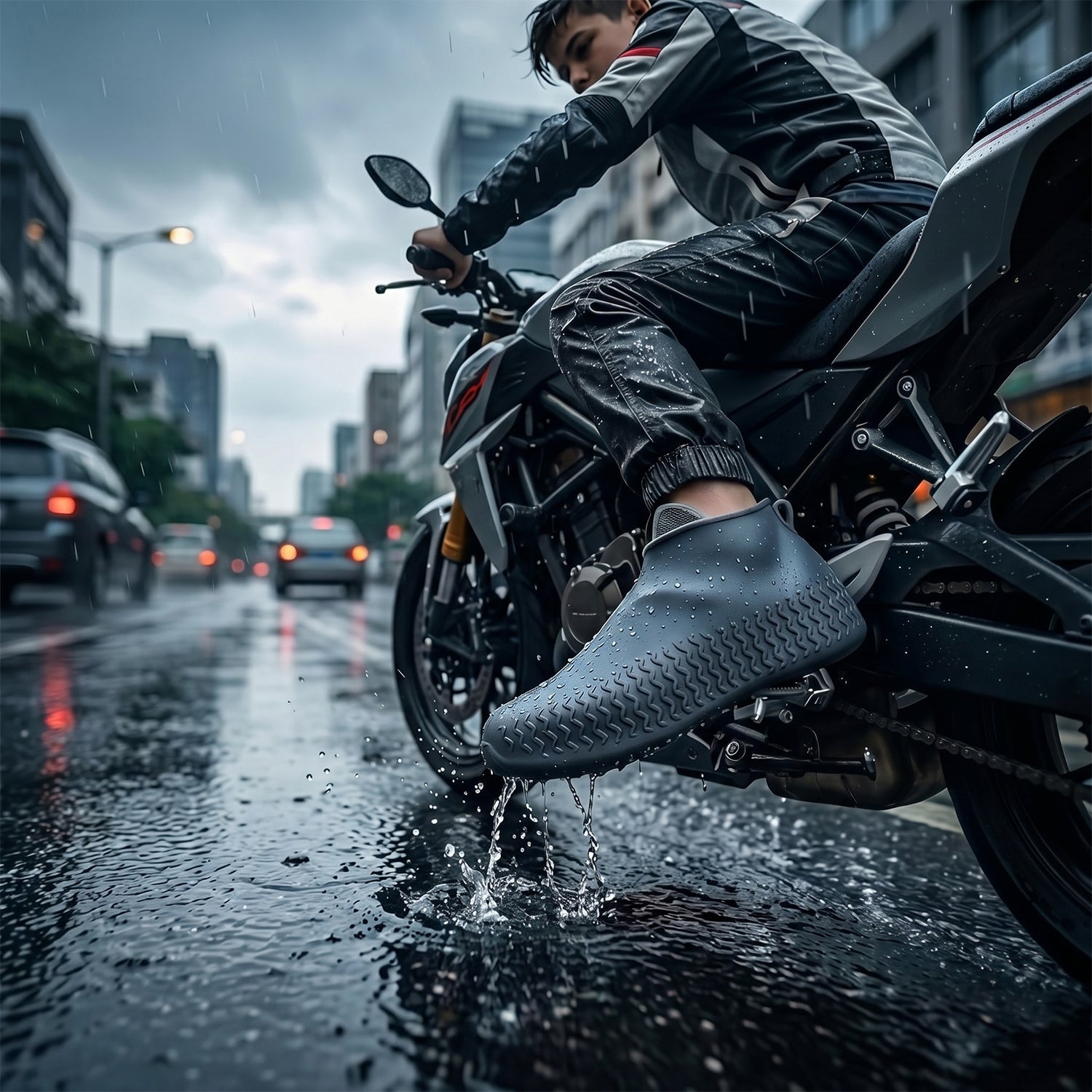 Close-up of rain shoe cover sole with anti-slip texture