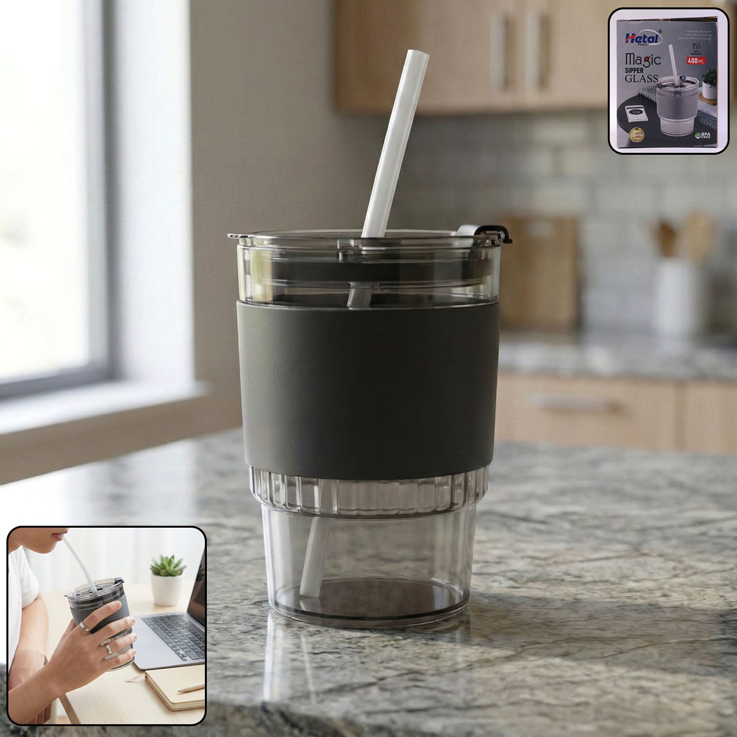 Monaco 400 ML Transparent Plastic Tumbler with Lid & Straw