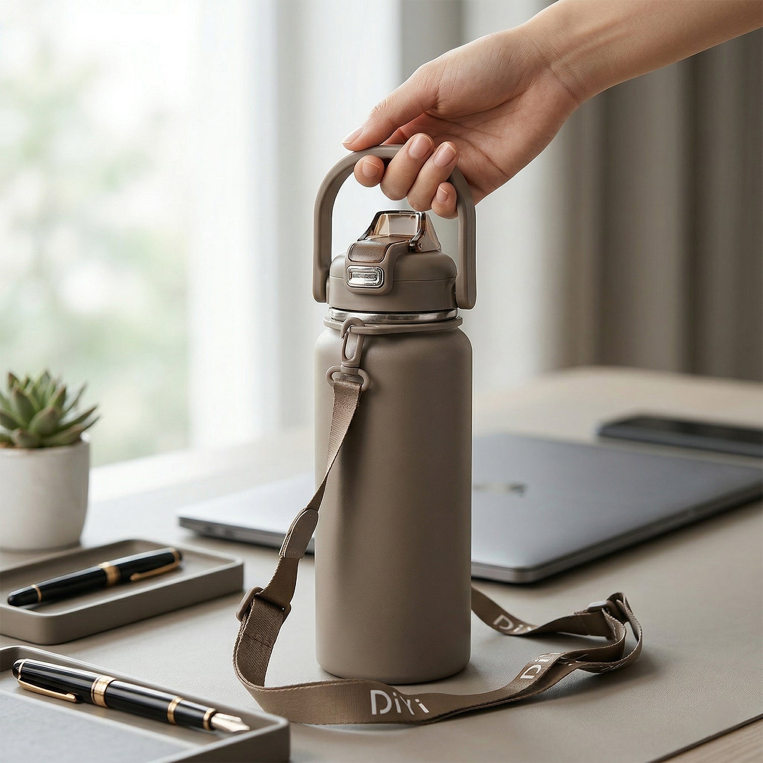 Stainless steel water bottle showing vacuum insulated design