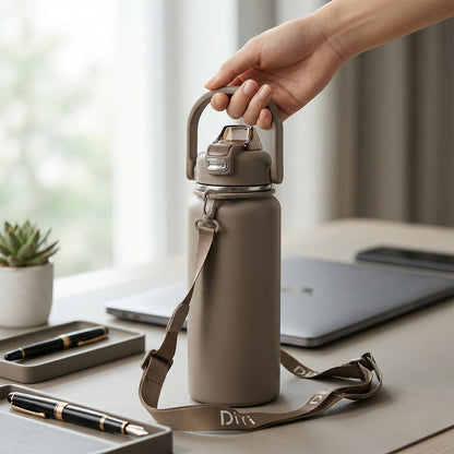 Stainless steel water bottle showing vacuum insulated design
