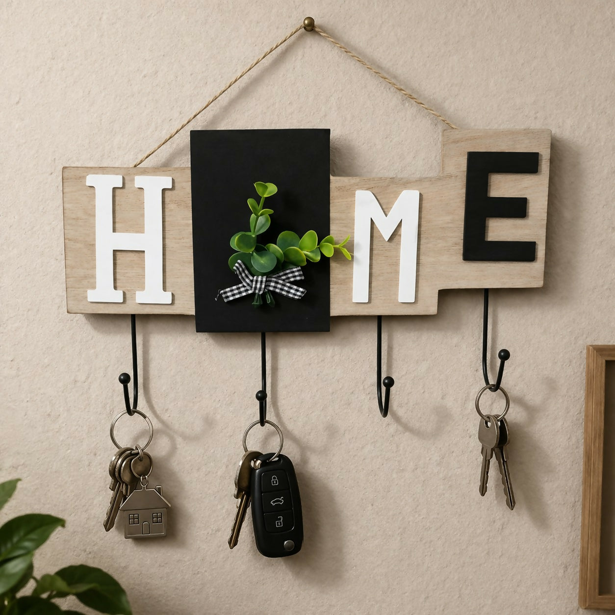 Wooden HOME Key Holder Wall Mount with Hooks for Entryway
