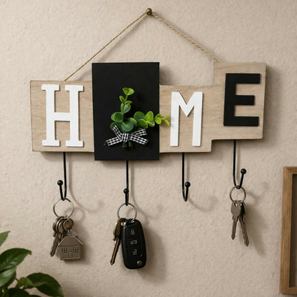 Wooden HOME Key Holder Wall Mount with Hooks for Entryway