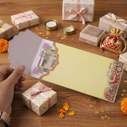 Close-up of peacock artwork on shagun envelope