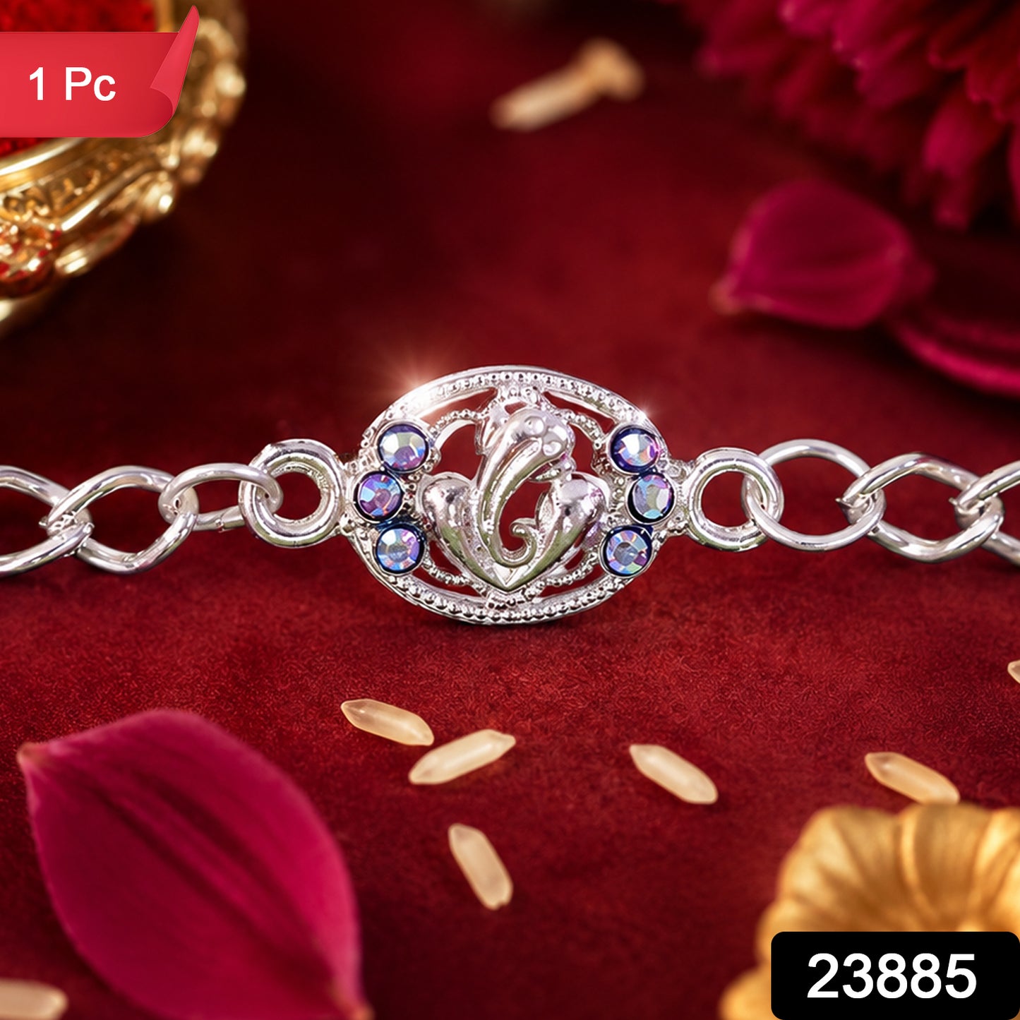 Premium Silver Ganesha Rakhi with Stones Chain Bracelet for Brother (1 Pc)