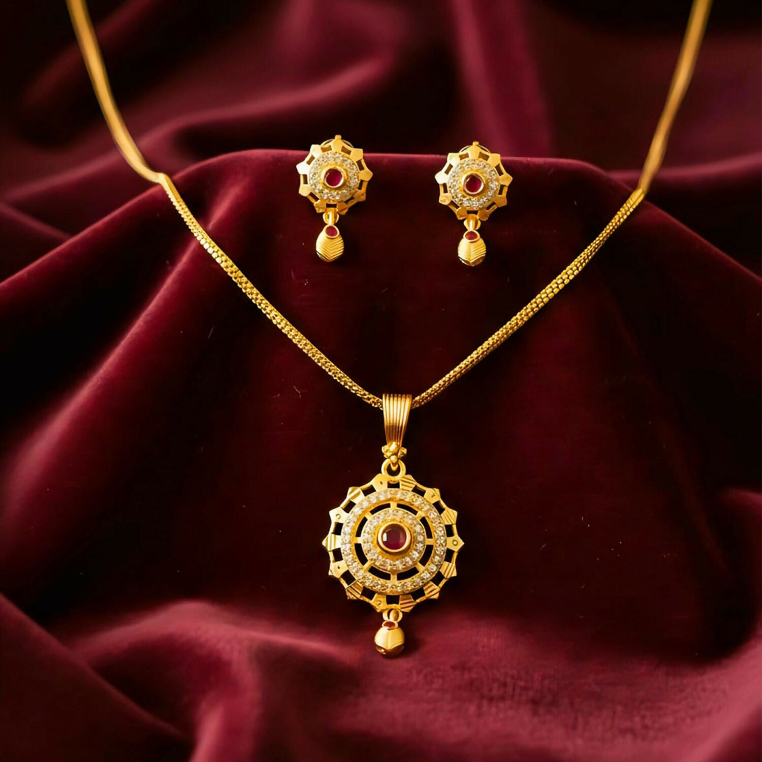 Micro Gold-Plated Ruby and White Stone Pendant Set With Matching Earrings