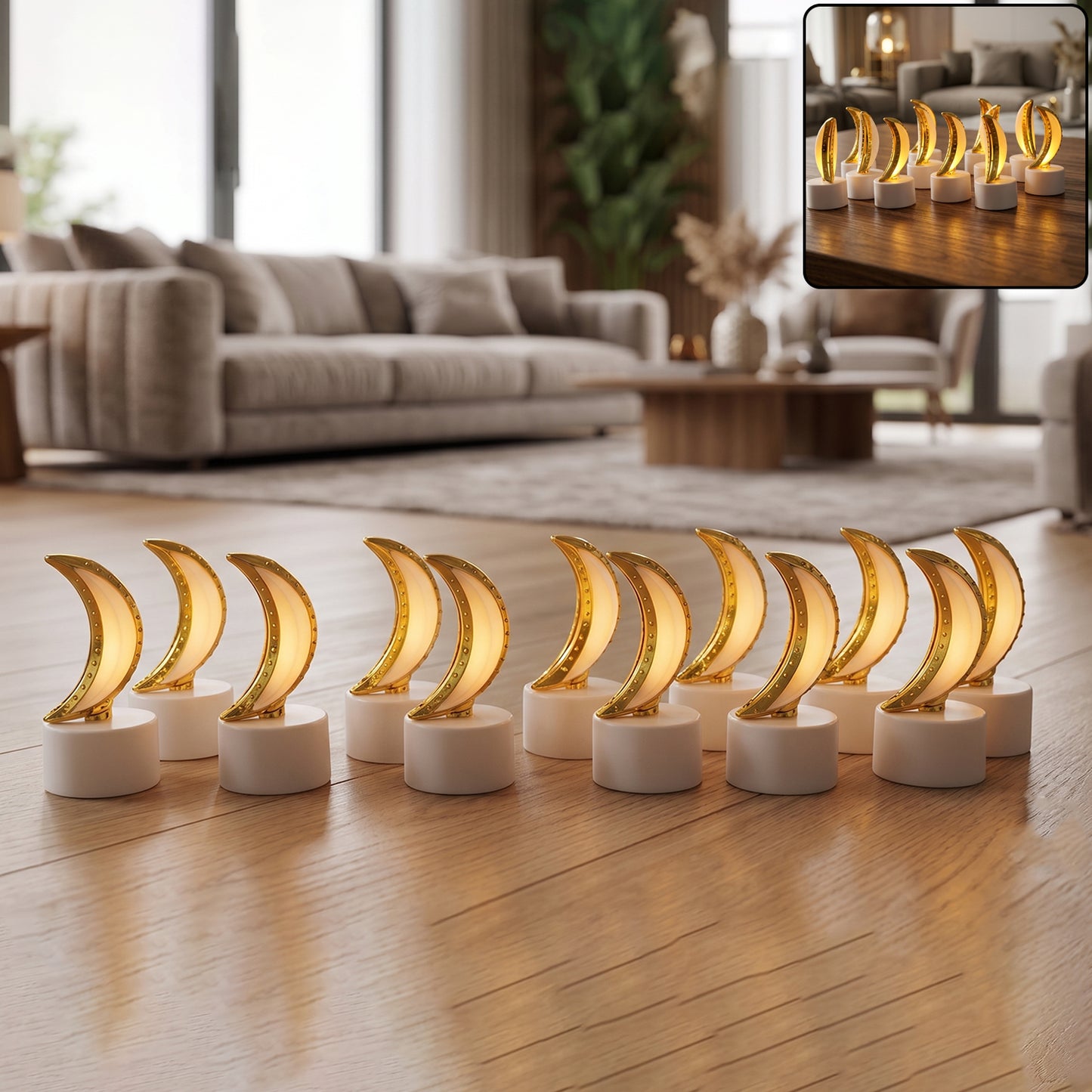 Moon Shape LED Tealight Candle Set Golden Crescent Warm Glow Light (12 Pc)