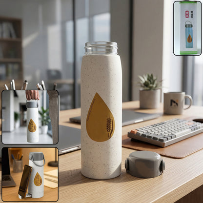 Premium glass water bottle with phone holder on white background