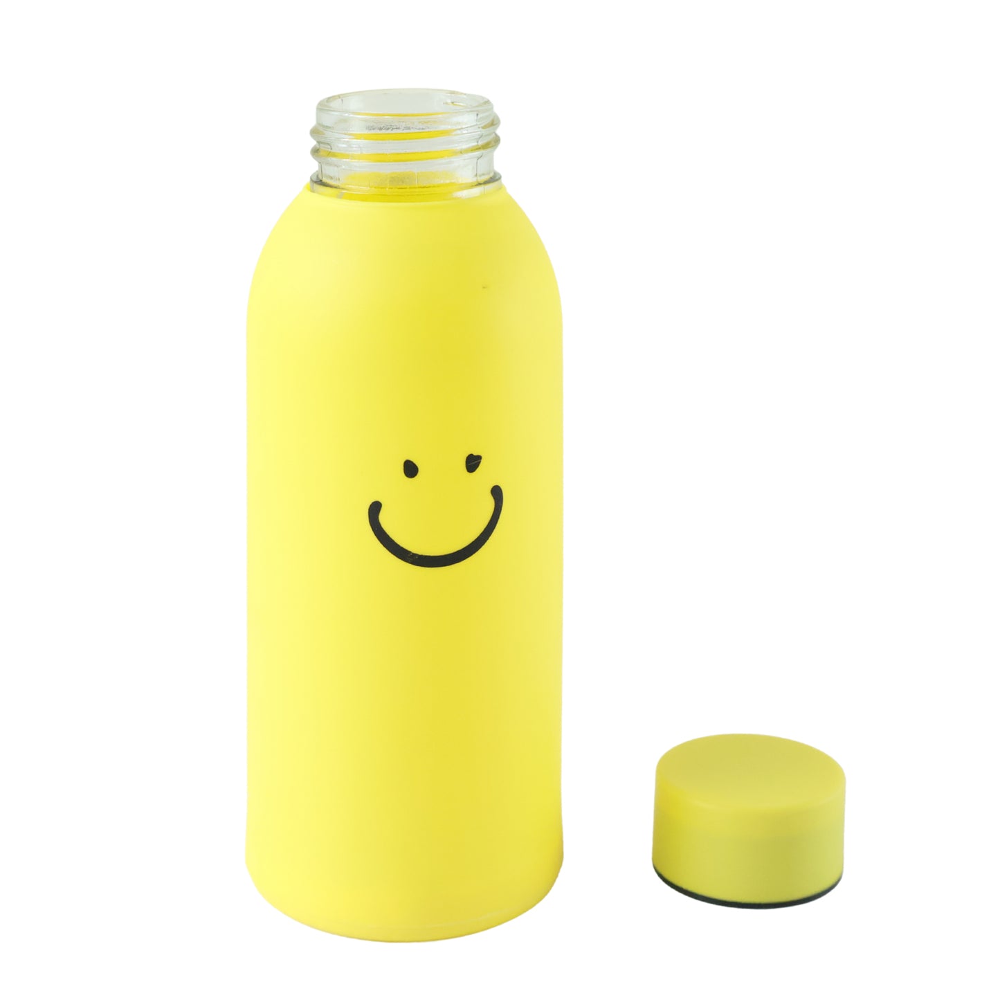 400 ML Smiley Face Glass Water Bottle with Silicone Sleeve for Office (1 Pc)