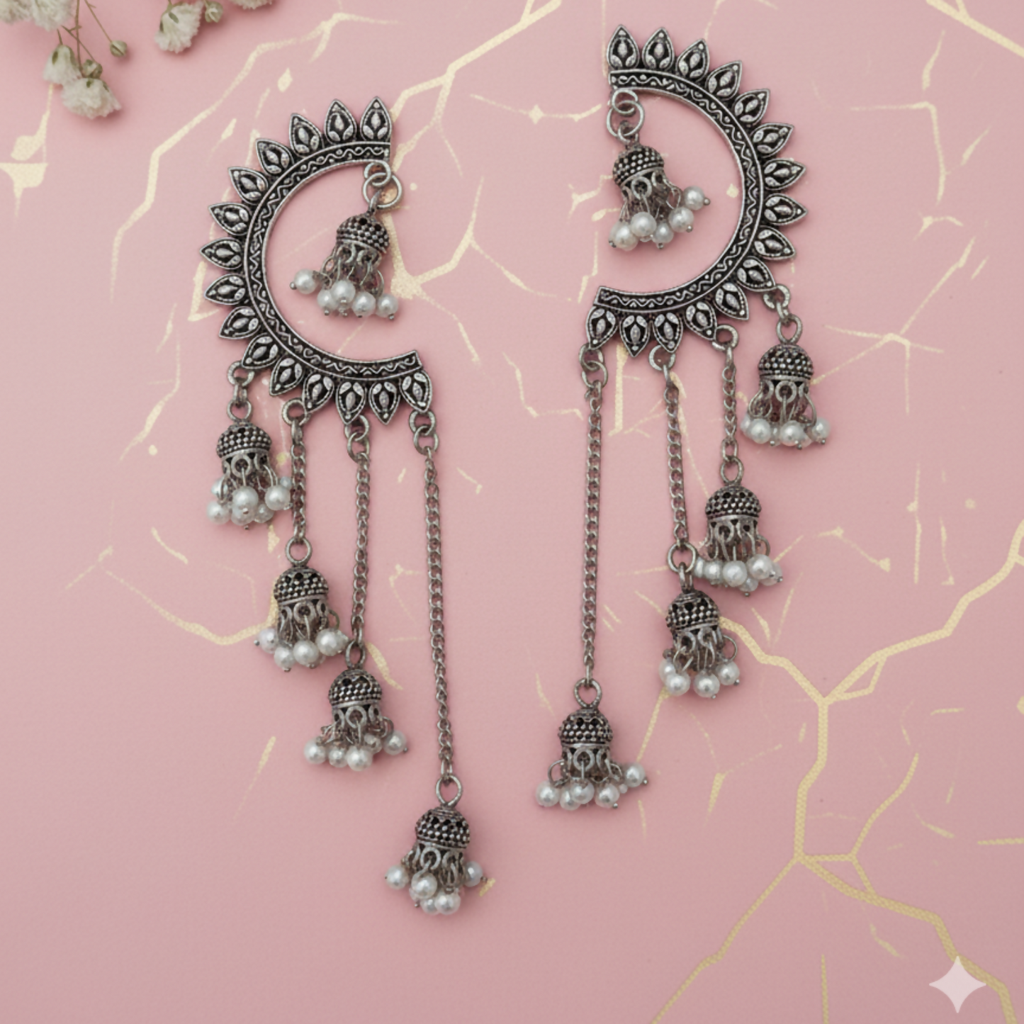 Oxidized Crescent Chandbali Earrings Featuring Long Jhumka Chains and Classic White Pearl Embellishments