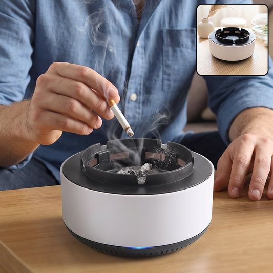 Smokeless ashtray with air purifier and push down lid
