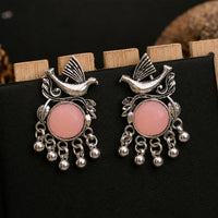 Antique Silver Bird Earrings with Pink Stone Dangle Design Boho Tribal Jewellery