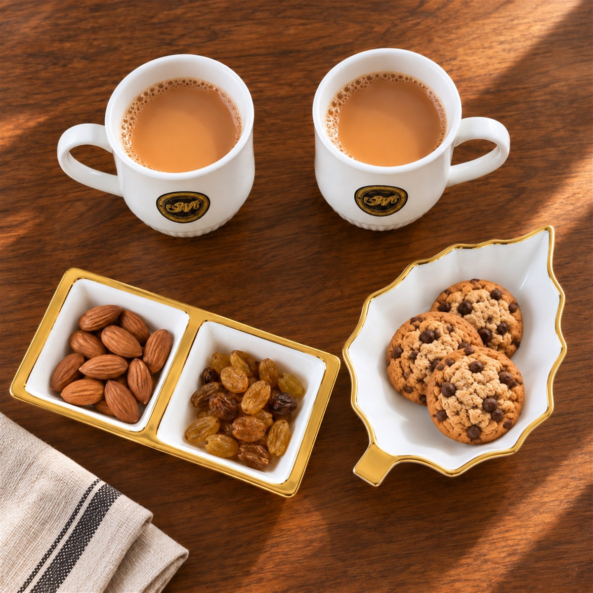 Tea and Snacks Serving Set with Cups, Divided Bowl and Leaf Platter (4 Pc Set)