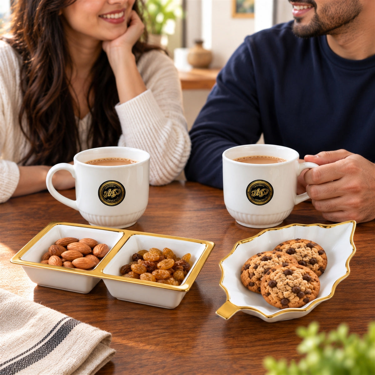 Tea and Snacks Serving Set with Cups, Divided Bowl and Leaf Platter (4 Pc Set)