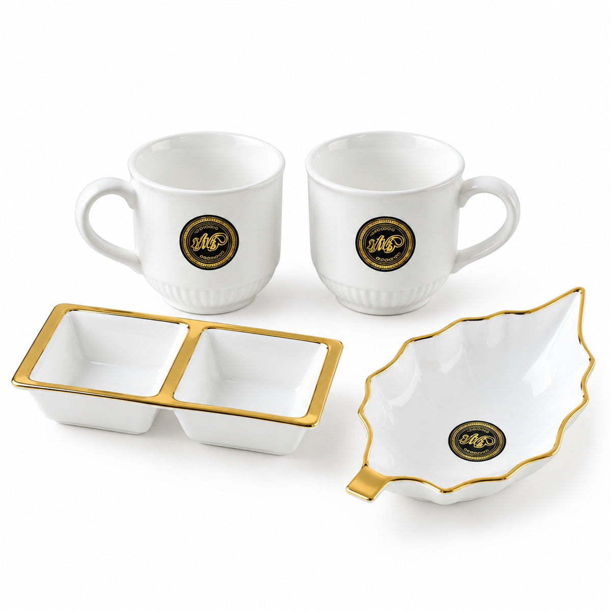 Tea and Snacks Serving Set with Cups, Divided Bowl and Leaf Platter (4 Pc Set)