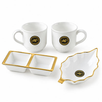 Tea and Snacks Serving Set with Cups, Divided Bowl and Leaf Platter (4 Pc Set)