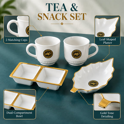 Tea and Snacks Serving Set with Cups, Divided Bowl and Leaf Platter (4 Pc Set)