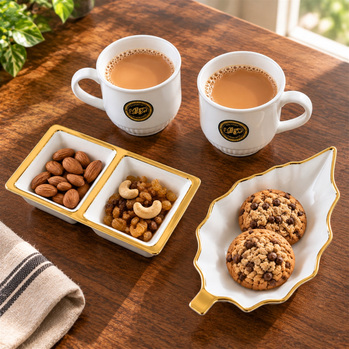 Tea and Snacks Serving Set with Cups, Divided Bowl and Leaf Platter (4 Pc Set)