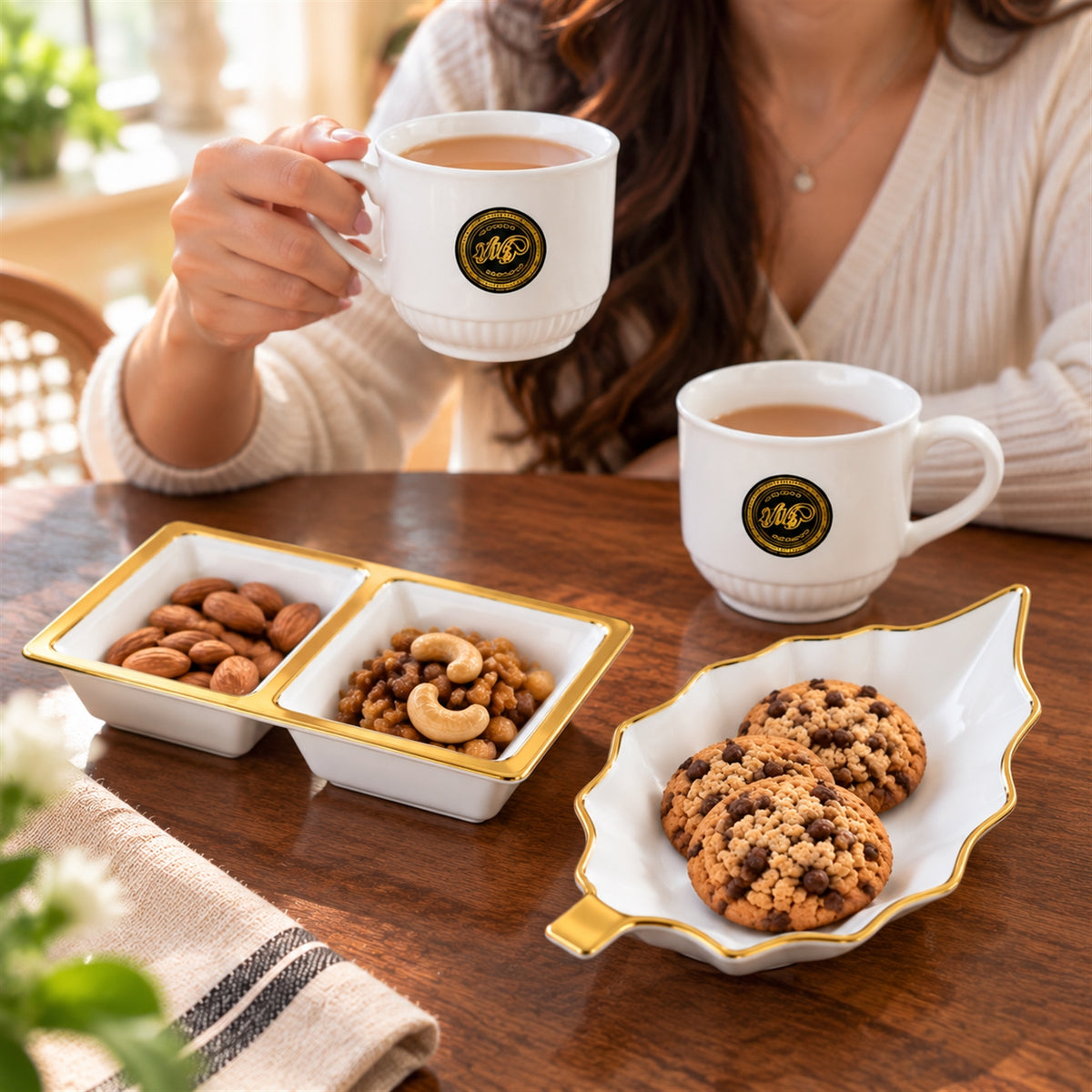 Tea and Snacks Serving Set with Cups, Divided Bowl and Leaf Platter (4 Pc Set)