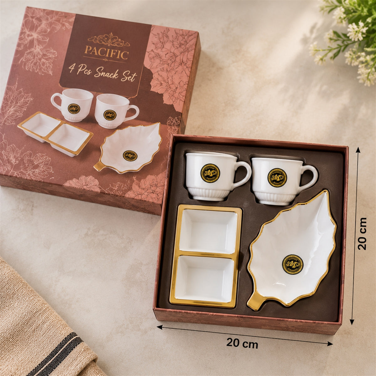Tea and Snacks Serving Set with Cups, Divided Bowl and Leaf Platter (4 Pc Set)