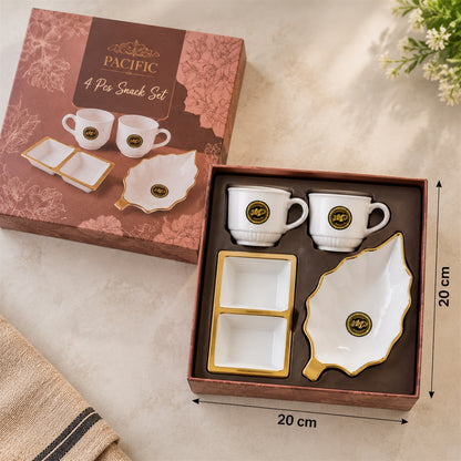 Tea and Snacks Serving Set with Cups, Divided Bowl and Leaf Platter (4 Pc Set)
