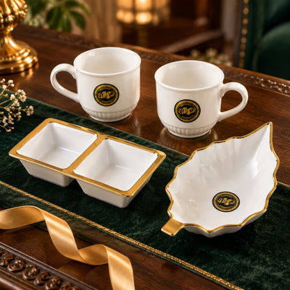 Tea and Snacks Serving Set with Cups, Divided Bowl and Leaf Platter (4 Pc Set)