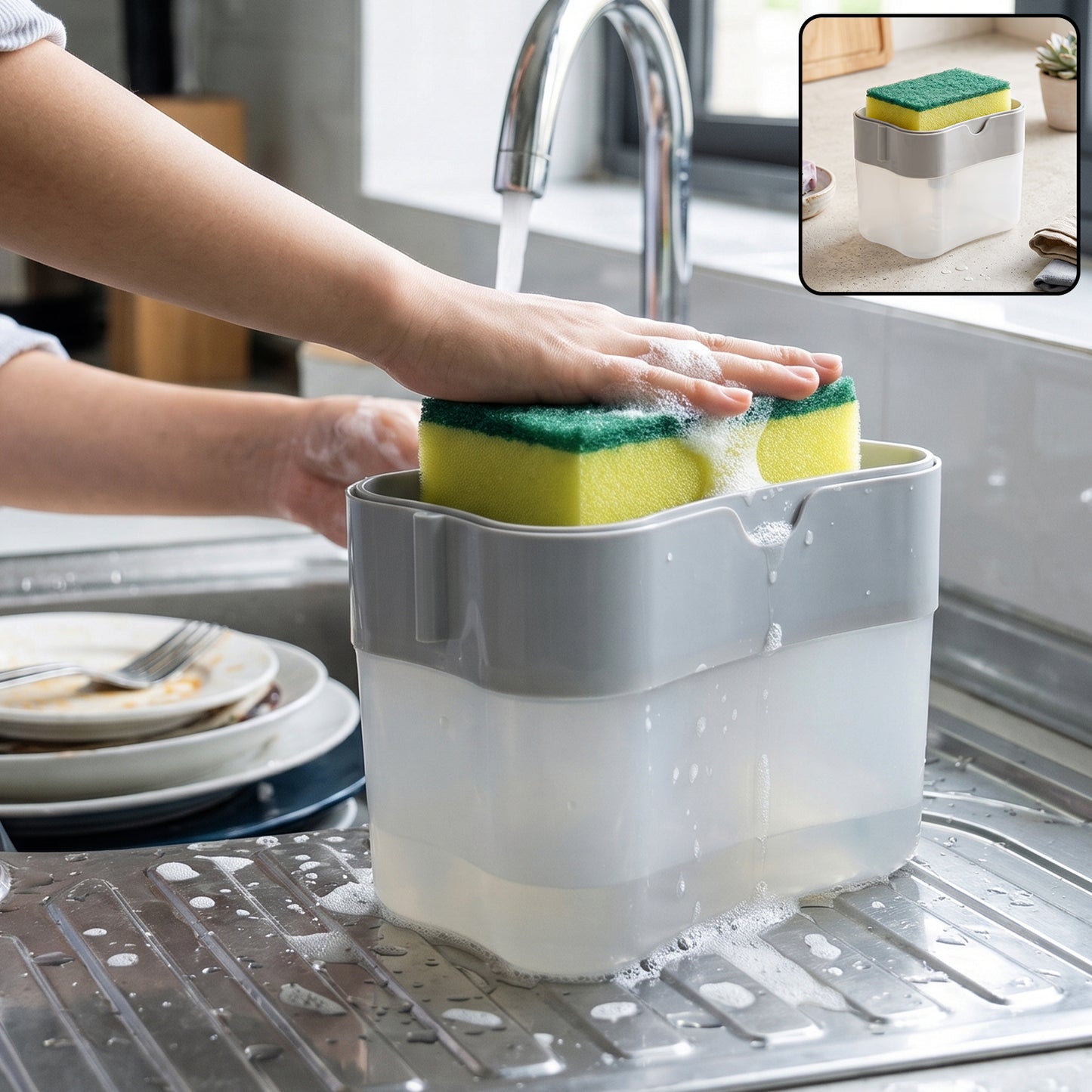 Soap Dispensing Sponge Holder Press Pump Caddy for Kitchen Sink (1 Set / Mix Design)