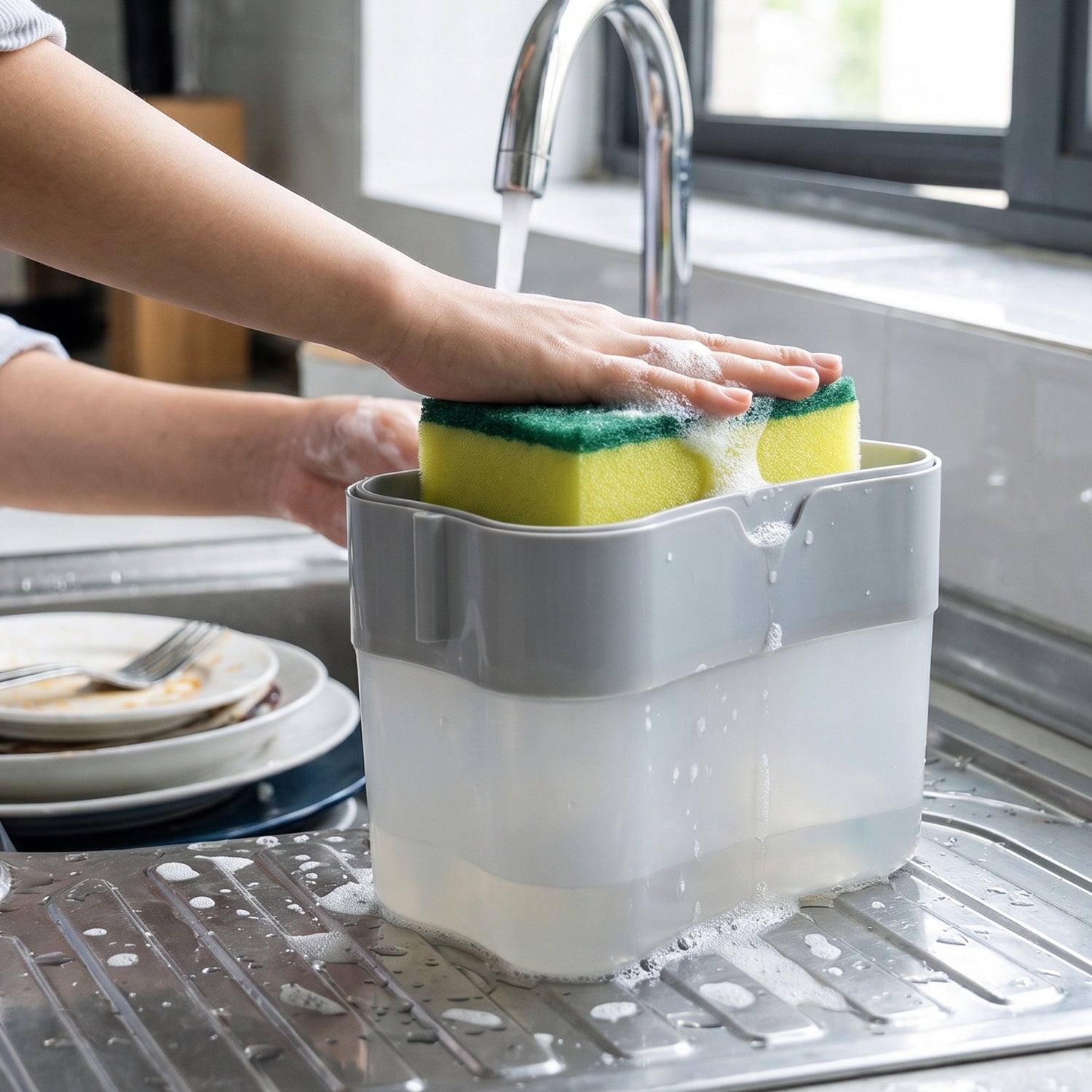 Soap Dispensing Sponge Holder Press Pump Caddy for Kitchen Sink (1 Set / Mix Design)